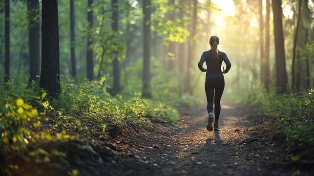 A woman runs through a forest path on a sunny day.