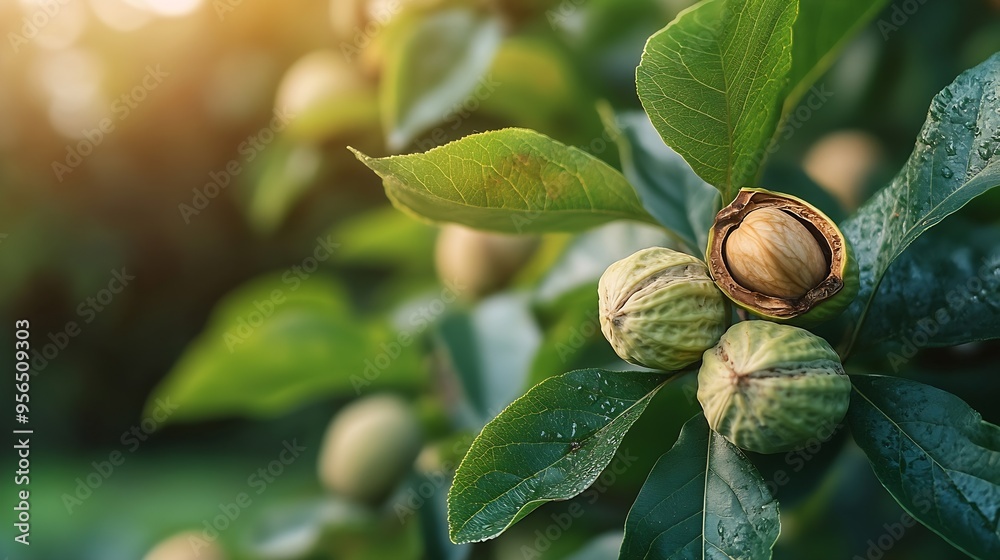 Aufkleber walnut tree with big nuts in green shell close up harvesting time : generative ai
