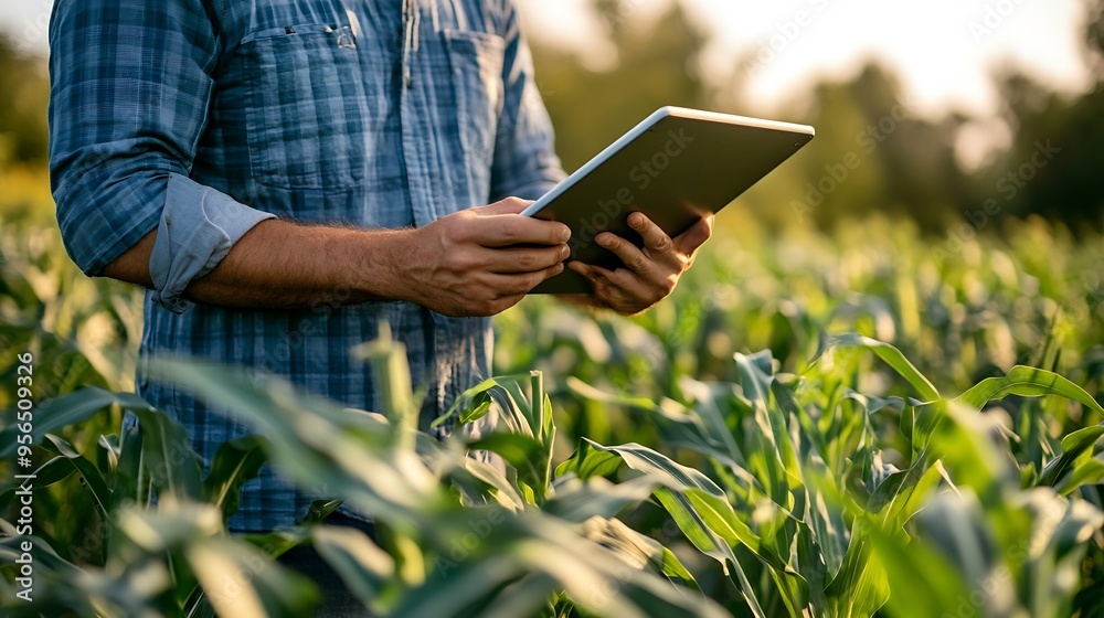 Poster Smart farmer couple holding laptop and digital tablet to examining quality crop of corn vegetables while working and planning system control with technology together at agricultural fi : Generative AI