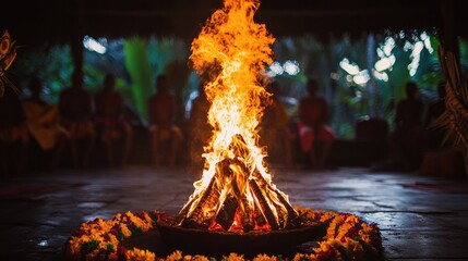 Flames rising from a ceremonial fire in a traditional setting, with cultural elements visible around