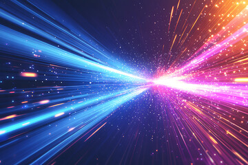 Dynamic abstract image of vibrant light trails and colorful particles converging towards a bright center, symbolizing speed and energy