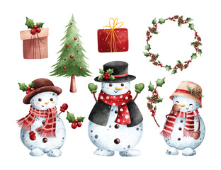 Watercolor Illustration Set of Snowman and Christmas Decorations