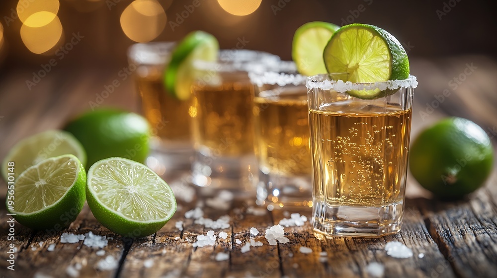 Aufkleber Tequila shots with lime and salt on a rustic background Copy space : Generative AI