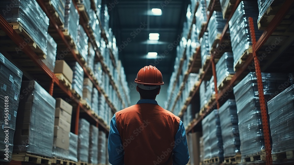Poster worker in the warehouse checking the stock is on the shelves at the manufacturing engineer is workin