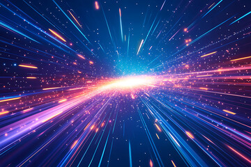 Obraz premium Dynamic abstract image of vibrant light trails and colorful particles converging towards a bright center, symbolizing speed and energy