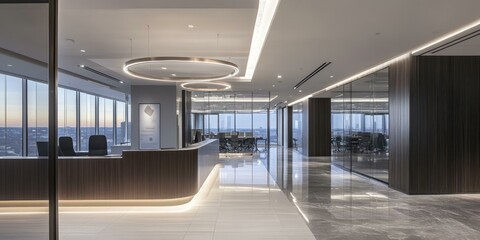 Modern office lobby with wood and glass walls.