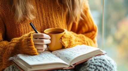 Woman in a cozy sweater writing in a notebook with a cup of tea.