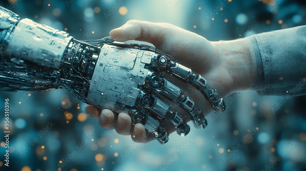 Poster MLB Mechanized industry robot arm and business handshake double exposure Concept of successful agreement of artificial intelligence for industrial revolution and automation process in  : Generative AI