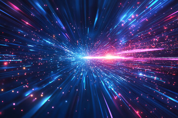 Dynamic abstract image of vibrant light trails and colorful particles converging towards a bright center, symbolizing speed and energy