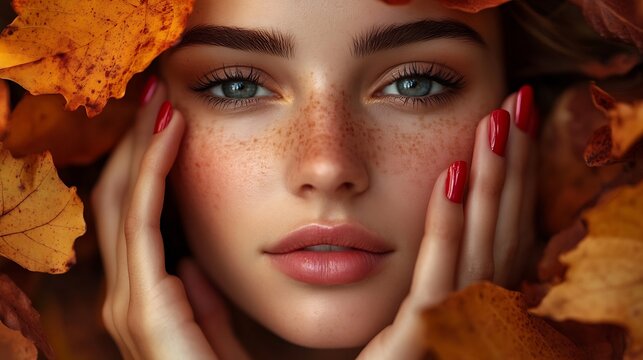 Portrait of beautiful young woman with autumn leafs Healthy clean fresh skin natural make up beauty eyes and red nails : Generative AI