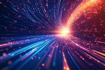 Fototapeta premium Dynamic abstract image of vibrant light trails and colorful particles converging towards a bright center, symbolizing speed and energy