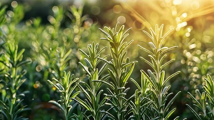 Exploring the vibrant rosemary field at sunset in a tranquil garden setting