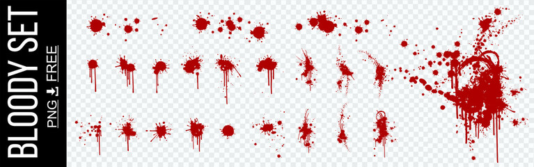 Bloody marks, splashes and stains. Vector set with realistic splashes and blood stains on transparent background. Fresh dynamic blood splashes. Realistic set numerous red spots and smudges