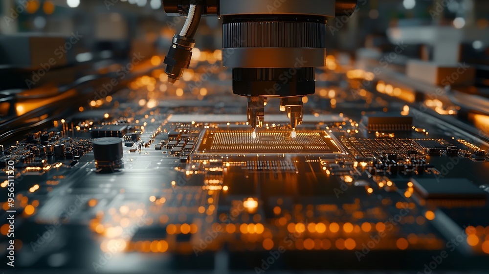 Aufkleber Production of digital boards Semiconductor manufacturing machine Robot creates microprocessor Industrial equipment for creating microboards PCB soldering machine Manufacturing of digit : Generative AI