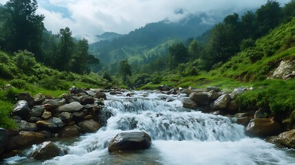 Serene mountain stream flowing through lush forest landscape