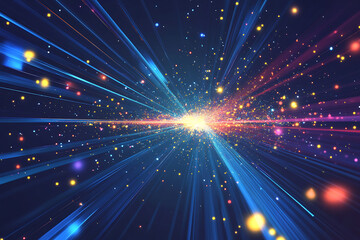 Obraz premium Dynamic abstract image of vibrant light trails and colorful particles converging towards a bright center, symbolizing speed and energy