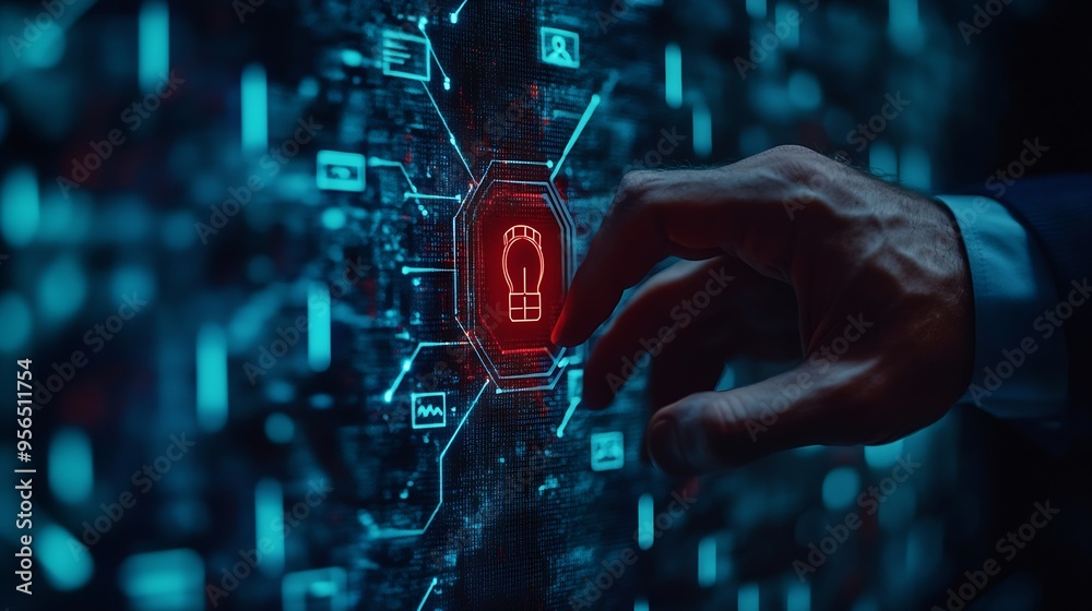 Poster Cyber security network and data protection in financial business concept Businessman managing  data and system to safeguard sensitive information from cyber threats and maintain trust  : Generative AI