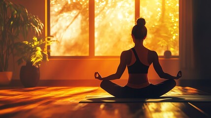 Young woman meditating in a yoga pose, sitting in front of a window with warm, golden light.