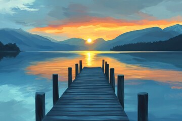 Obraz premium Wooden Dock Extending into a Mountain Lake at Sunset