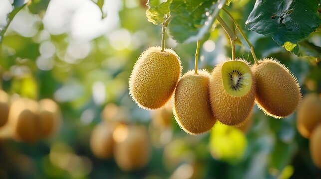 New harvest of golden or green kiwi hairy fruits hanging on kiwi tree in orchard in Italy Lazio : Generative AI