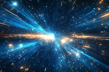 Dynamic abstract image of vibrant light trails and colorful particles converging towards a bright center, symbolizing speed and energy