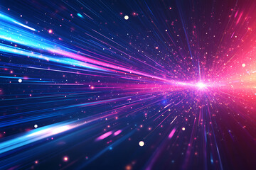 Obraz premium Dynamic abstract image of vibrant light trails and colorful particles converging towards a bright center, symbolizing speed and energy