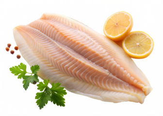 Raw tilapia fish or sea bass fillet with lemon, parsley and pepper isolated on a white background.