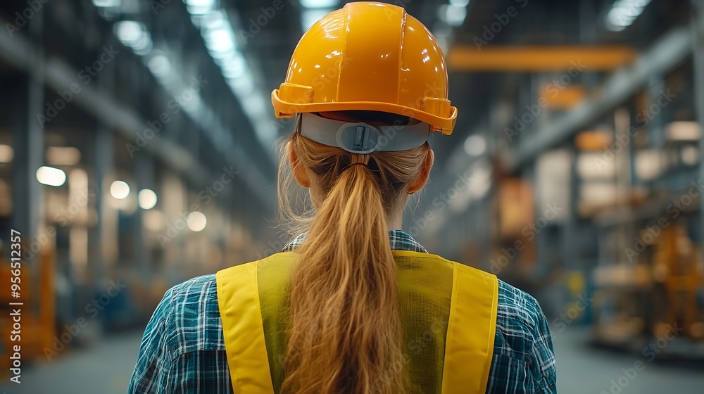 Poster professional caucasian manager engineer wearing safety hardhat is training industry worker workshop 