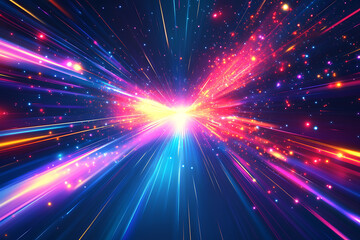 Obraz premium Dynamic abstract image of vibrant light trails and colorful particles converging towards a bright center, symbolizing speed and energy