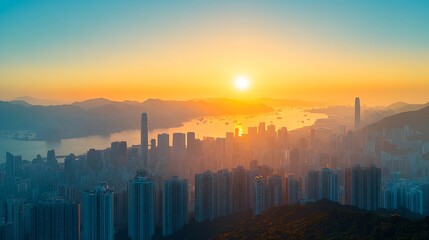 Fototapeta premium Sunrise view from Kowloon Peak Hong Kong Red and golden lining shining from the mountain horizon under the clear blue sky : Generative AI