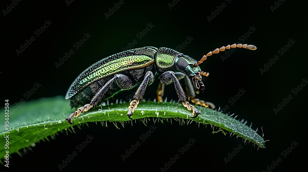 Poster silver green leaf weevil phyllobius argentatus beetle sitting on grass stem with black background an