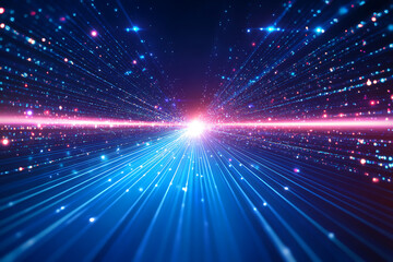 Obraz premium Dynamic abstract image of vibrant light trails and colorful particles converging towards a bright center, symbolizing speed and energy