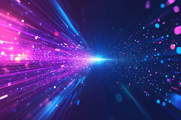 Obraz premium Dynamic abstract image of vibrant light trails and colorful particles converging towards a bright center, symbolizing speed and energy