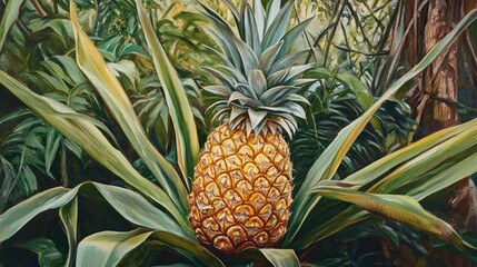 Fototapeta premium Oil painting depicting a mature pineapple growing on a tree in a lush garden setting