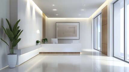 Fototapeta premium A modern office lobby with a white reception desk.