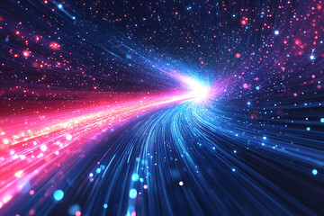 Obraz premium Dynamic abstract image of vibrant light trails and colorful particles converging towards a bright center, symbolizing speed and energy