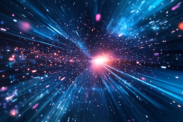 Dynamic abstract image of vibrant light trails and colorful particles converging towards a bright center, symbolizing speed and energy