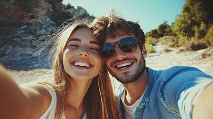 Obraz premium Close-up selfie of a happy couple on vacation, smiling and looking at the camera.
