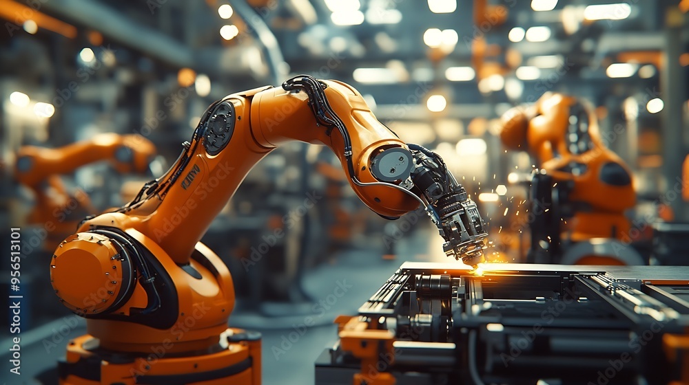 Leinwandbilder Engineer team service robot welding working in automation factory People worker in safety suit work robotic arm software programming or replacing part in automated manufacturing indust : Generative AI