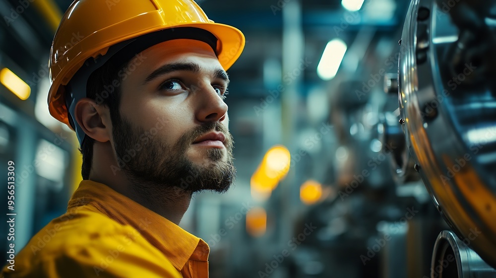 Poster industrial diligent worker safeguarded by a hard hat engrossed in his duties amidst the complex mach