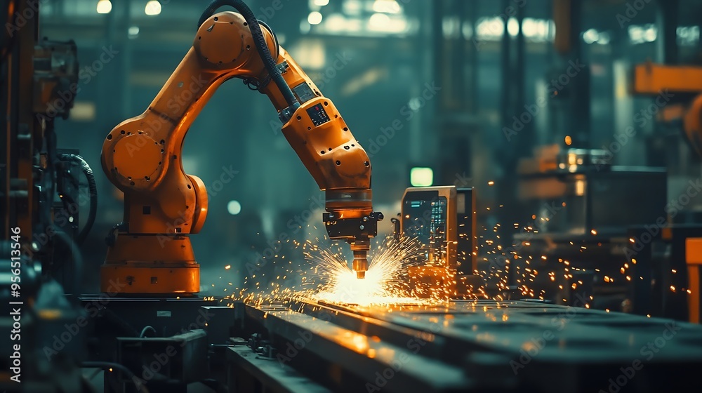 Poster Engineers team mechanic using computer controller Robotic arm for welding steel in steel factory workshop Industry robot programming software for automated manufacturing technology : Generative AI