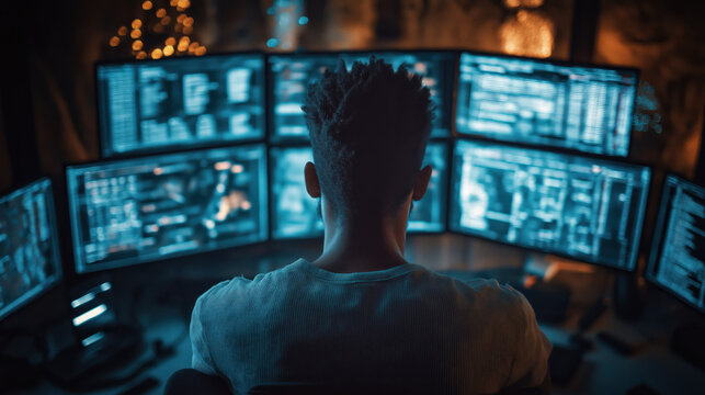 A high angle portrait shot of a software engineer focused on multiple screens displaying code and data, surrounded by a digital matrix in a dark room, subtle light, early morning