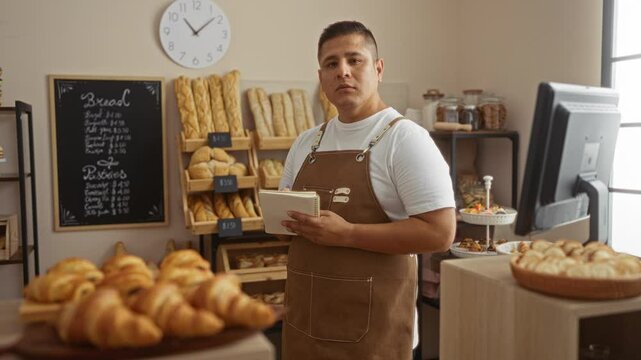 Young man working in an indoor bakery, wearing a brown apron, surrounded by bread and pastries, taking notes with a pen, wall clock and chalkboard menus visible