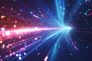 Naklejka premium Dynamic abstract image of vibrant light trails and colorful particles converging towards a bright center, symbolizing speed and energy