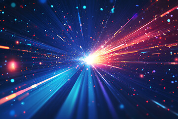Obraz premium Dynamic abstract image of vibrant light trails and colorful particles converging towards a bright center, symbolizing speed and energy