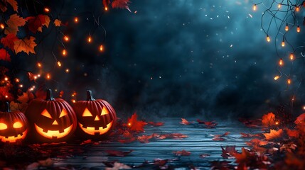 Fototapeta premium A festive Halloween scene with glowing jack-o'-lanterns lining both sides of a path, surrounded by autumn leaves and string lights. Bare trees and floating leaves create a spooky, yet warm atmosphere.