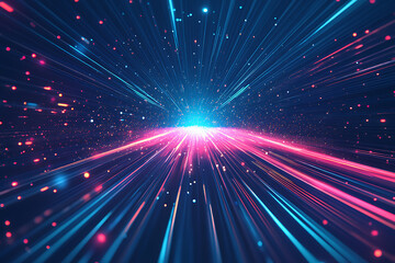 Obraz premium Dynamic abstract image of vibrant light trails and colorful particles converging towards a bright center, symbolizing speed and energy