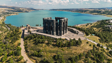 Aerial view of the Chronicle of Georgia with the Tbilisi Sea in the background. Historical monuments. Historical sites in Georgia.