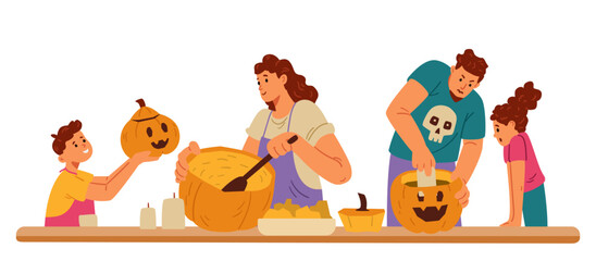 Family carving pumpkins, making lanterns, preparing for Halloween celebration together flat vector illustration isolated on white.