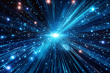 Obraz premium Dynamiczny, abstrakcyjny obraz jaskrawych smug światła i kolorowych cząsteczek zbiegających się w kierunku jasnego środka, symbolizujących prędkość i energię